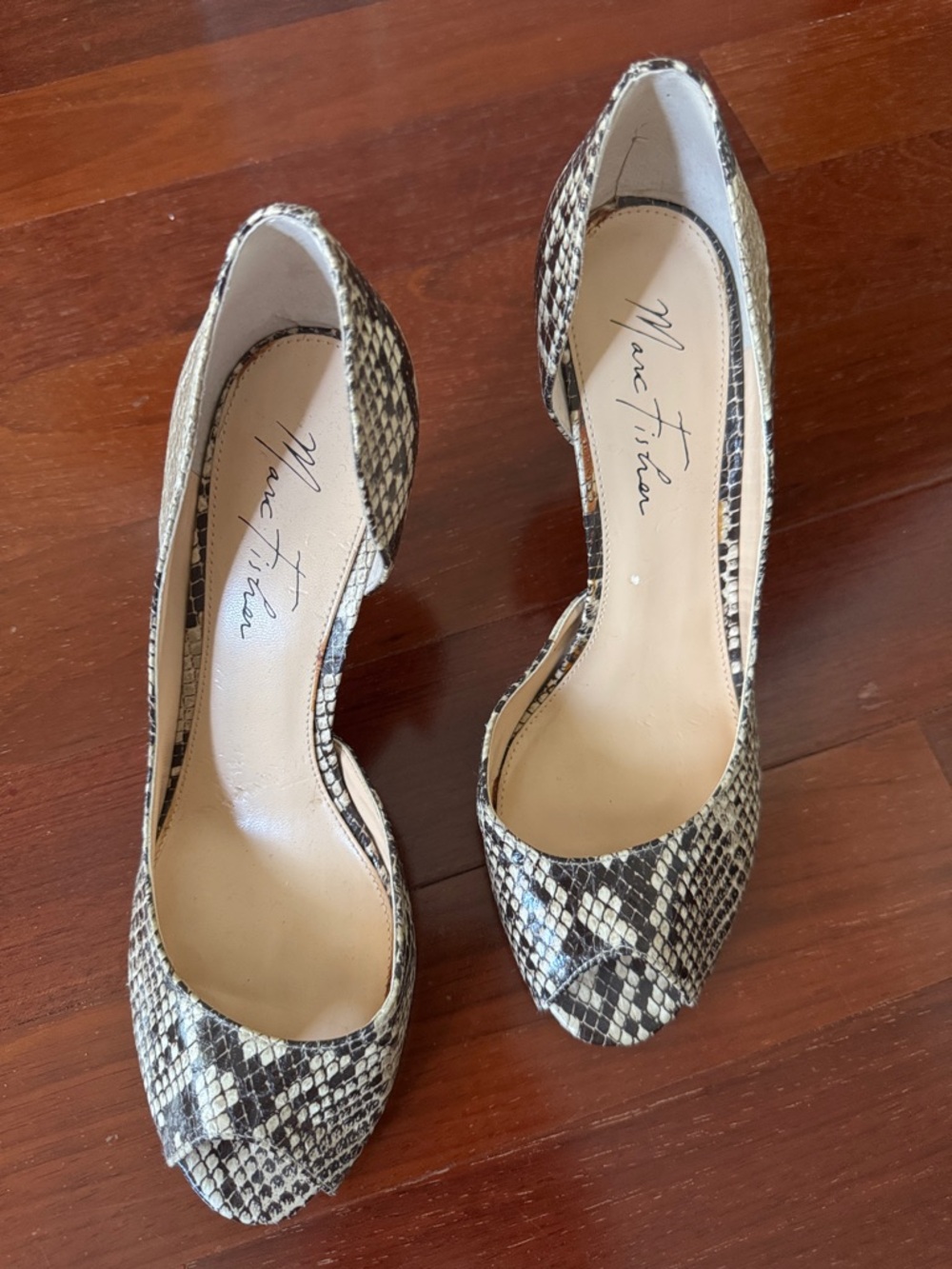 Marc Fisher Snake-Print Peep-Toe Heels in Black and Cream Size 8M
